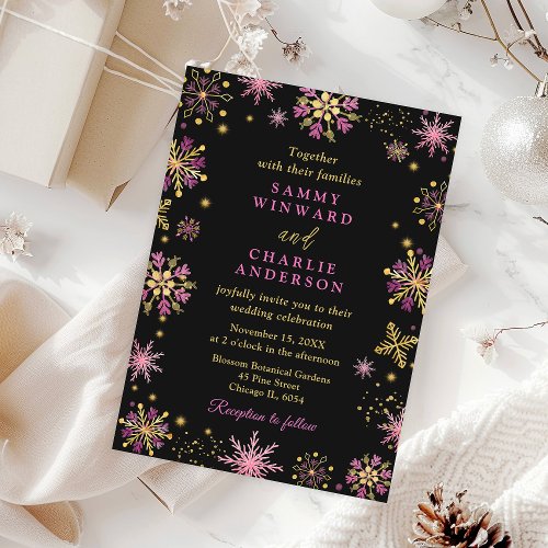 Gold and Pink Snowflakes Wedding Invitation