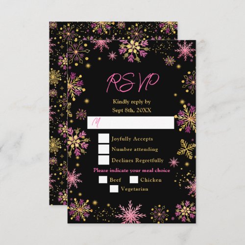 Gold and Pink Snowflakes Wedding Meal Choice RSVP Card