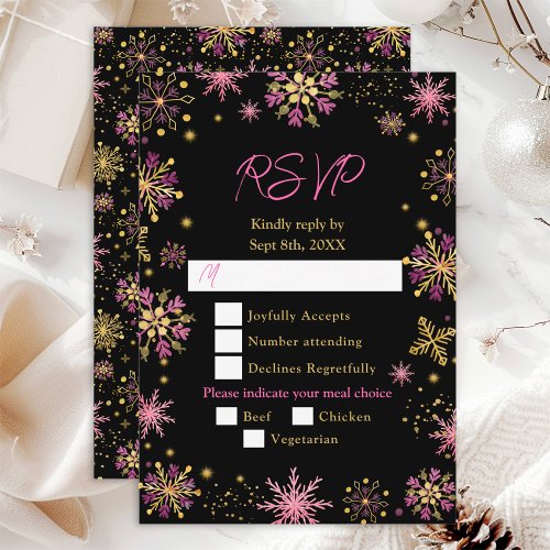 Gold and Pink Snowflakes Wedding Meal Choice RSVP Card