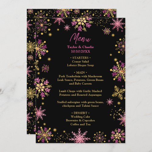 Gold and Pink Snowflakes Wedding Menu