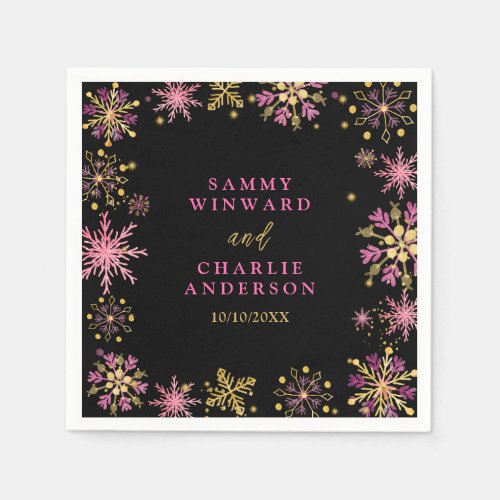 Gold and Pink Snowflakes Wedding Napkins