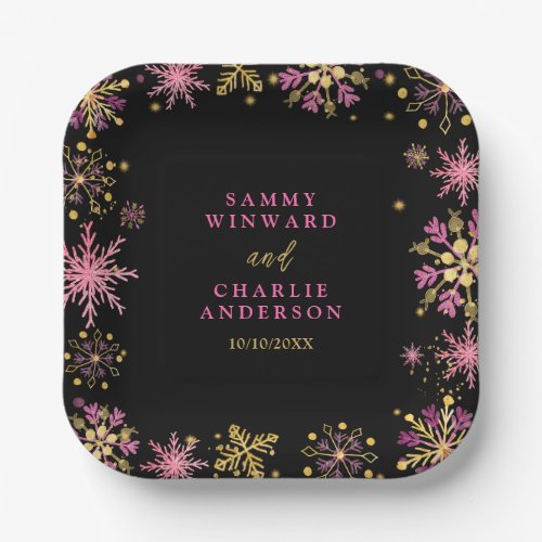 Gold and Pink Snowflakes Wedding Paper Plates