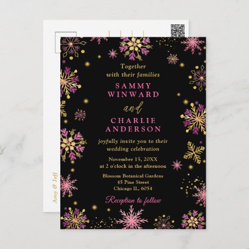 Gold and Pink Snowflakes Wedding Postcard
