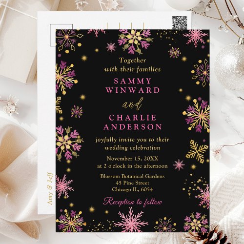 Gold and Pink Snowflakes Wedding Postcard