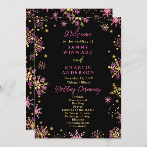 Gold and Pink Snowflakes Wedding Program