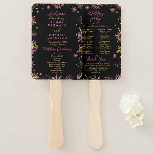 Gold and Pink Snowflakes Wedding Program Hand Fan
