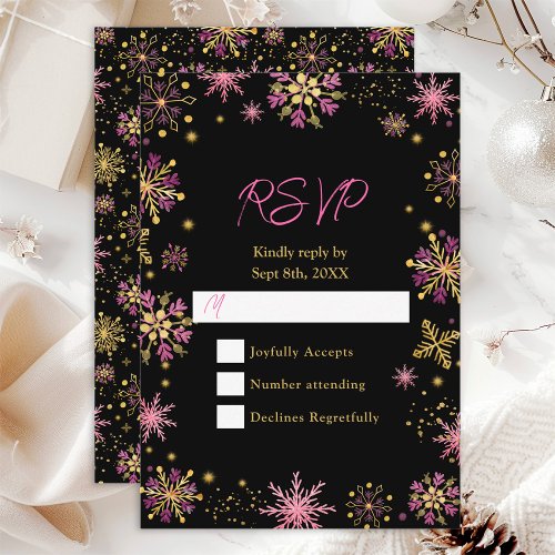 Gold and Pink Snowflakes Wedding RSVP Card