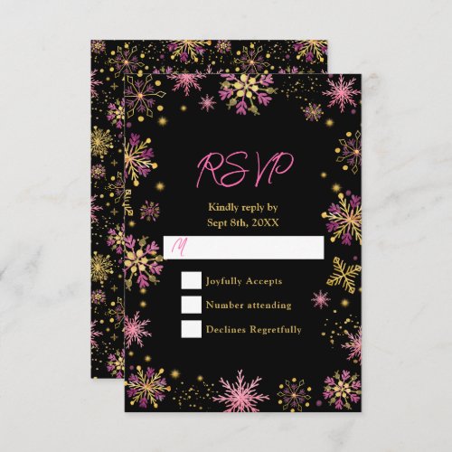 Gold and Pink Snowflakes Wedding RSVP Card