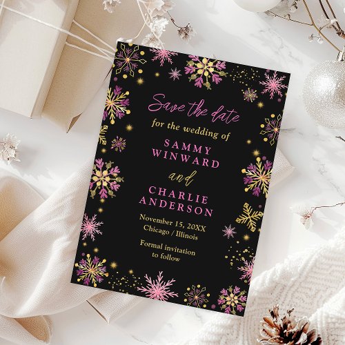Gold and Pink Snowflakes Wedding Save The Date