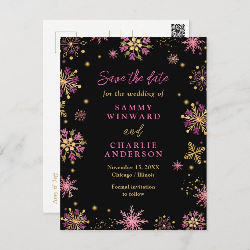 Gold and Pink Snowflakes Wedding Save The Date Postcard