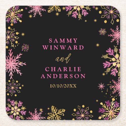 Gold and Pink Snowflakes Wedding Square Paper Coaster