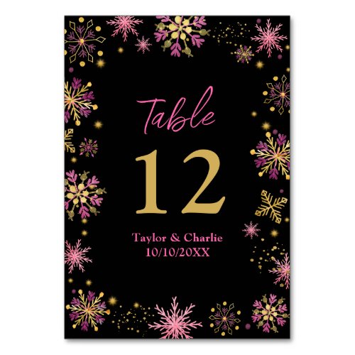 Gold and Pink Snowflakes Wedding Table Number