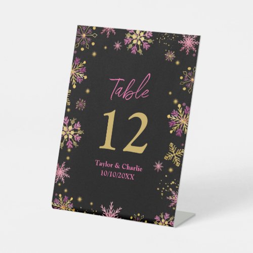 Gold and Pink Snowflakes Wedding Table Number Pedestal Sign