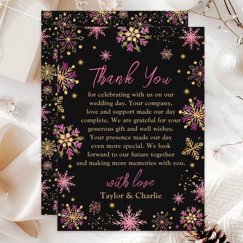 Gold and Pink Snowflakes Wedding Thank You Card