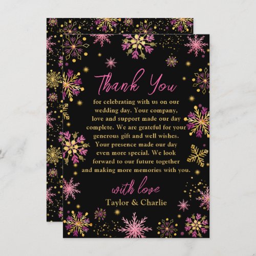 Gold and Pink Snowflakes Wedding Thank You Card