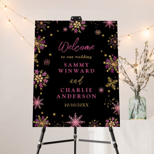 Gold and Pink Snowflakes Wedding Welcome Sign