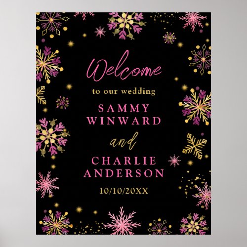 Gold and Pink Snowflakes Wedding Welcome Sign