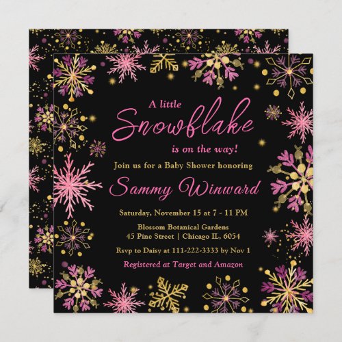 Gold and Pink Snowflakes Winter Baby Shower Invitation