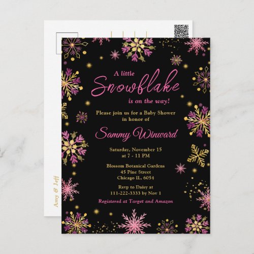 Gold and Pink Snowflakes Winter Baby Shower Postcard