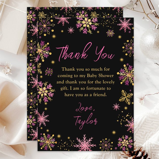 Gold and Pink Snowflakes Winter Baby Shower Thank You Card (Creator Uploaded)