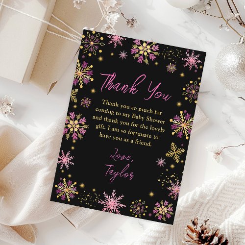 Gold and Pink Snowflakes Winter Baby Shower Thank You Card