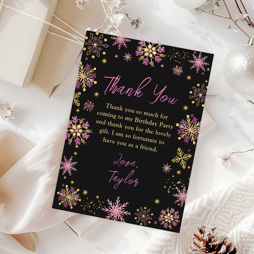 Gold and Pink Snowflakes Winter Birthday Party Thank You Card
