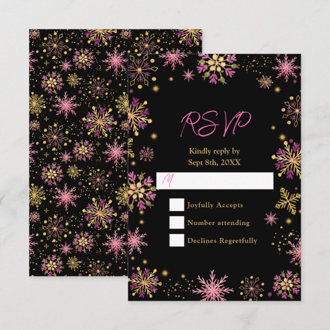 Gold and Pink Snowflakes Winter RSVP Card (Front/Back)