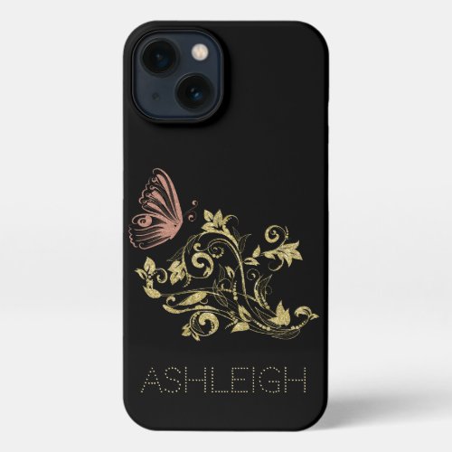 Gold and Pink Sparkle Butterfly Personalized iPhone 13 Case