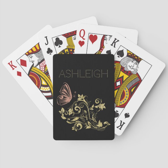 Gold and Pink Sparkle Butterfly Personalized Poker Cards (Back)