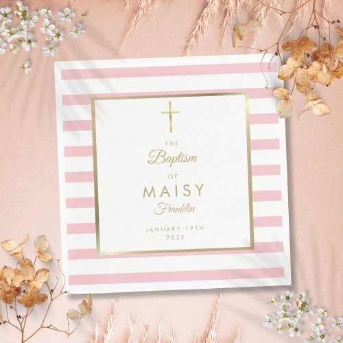 Gold And Pink Stripe Baptism Christening Napkins