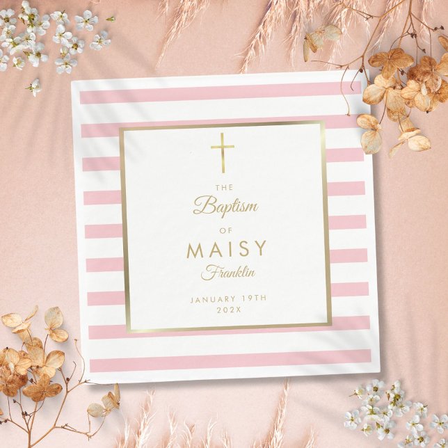 Gold And Pink Stripe Baptism Christening Napkins (Gold And Pink Stripe Baptism Christening Napkins)