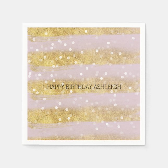 Gold and Pink Stripes Bokeh Confetti Paper Napkins (Front)