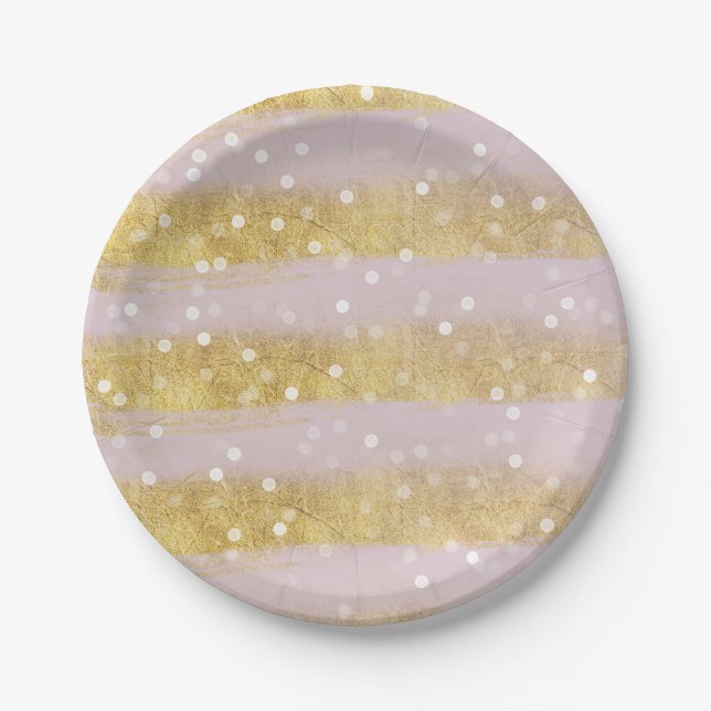 Gold and Pink Stripes Bokeh Confetti Paper Plates (Front)