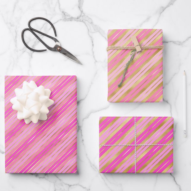Gold and Pink Stripes Wrapping Paper Sheets (Front)