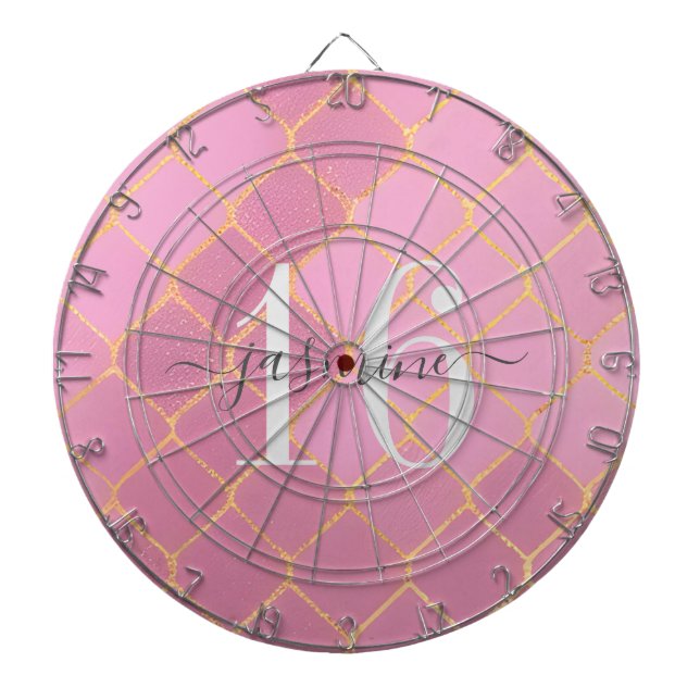 Gold and Pink Sweet Sixteen Name Dart Board (Front)