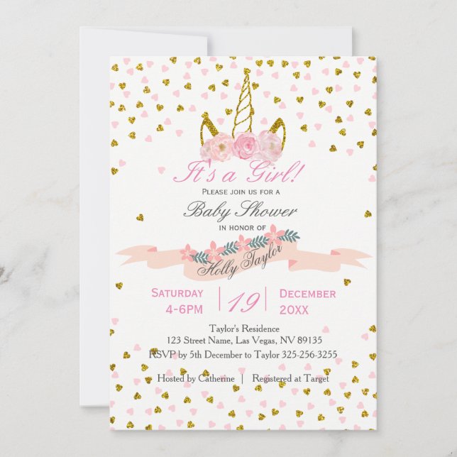 Gold and Pink Unicorn Baby Shower Invitation (Front)