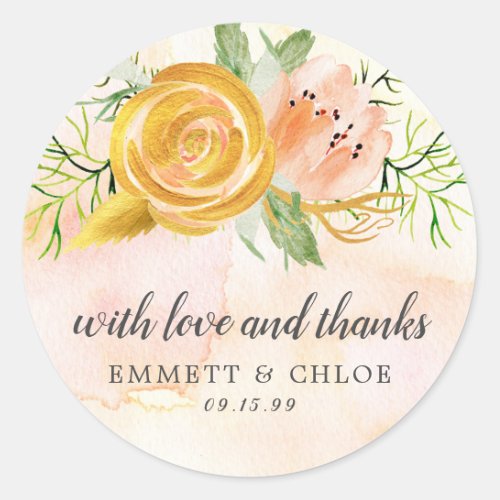 Gold and Pink Watercolor Floral Wedding Thank You Classic Round Sticker