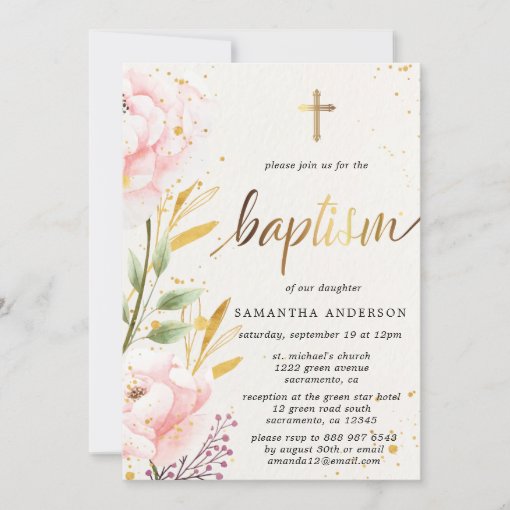 Gold And Pink Watercolor Girl Baptism Invitation | Zazzle