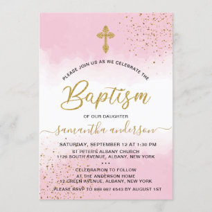 Gold And Pink Watercolor Girl Baptism Invitation
