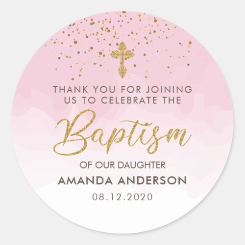 Gold And Pink Watercolor Girl Baptism Thank You Classic Round Sticker