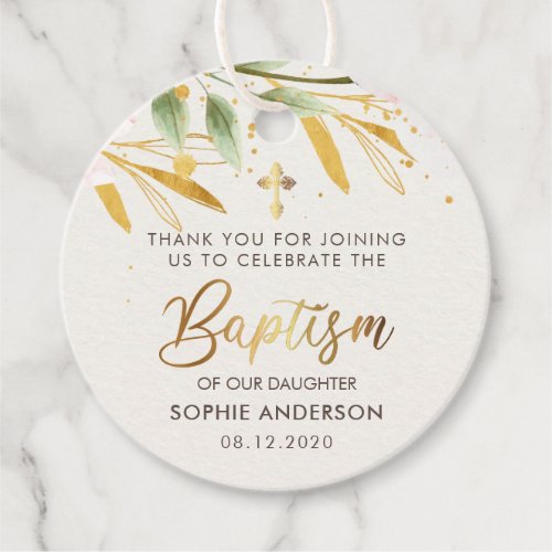 Gold And Pink Watercolor Girl Baptism Thank You Favor Tags
