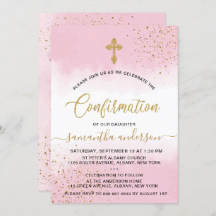 Gold And Pink Watercolor Girl Confirmation Invitation
