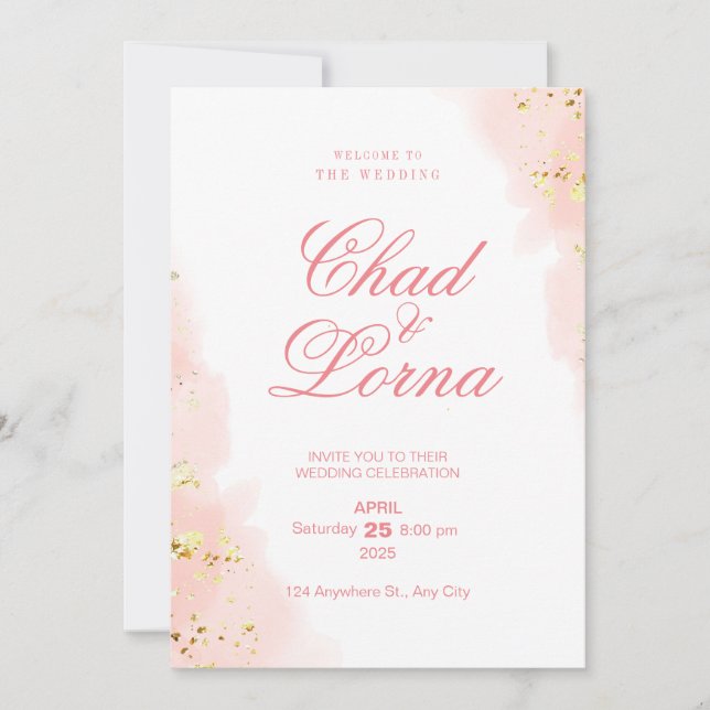 Gold and Pink Wedding Invitation Card (Front)
