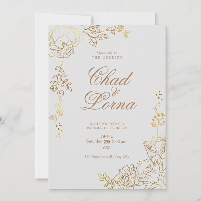 Gold and Pink Wedding Invitation Card (Front)