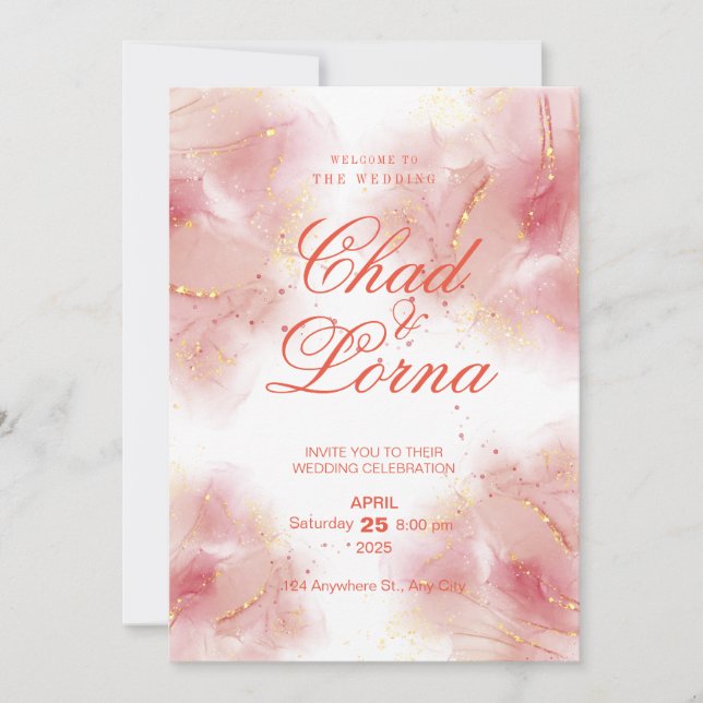 Gold and Pink Wedding Invitation Card (Front)