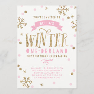 Gold and Pink Winter Onederland First Birthday Invitation