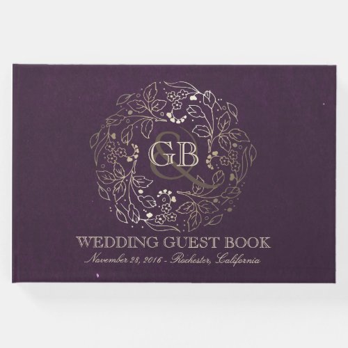 Gold and Plum Floral Wreath Vintage Wedding Guest Book - Vintage elegant monogram wedding guest book with plum purple and gold flowers
