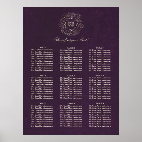 Gold and Plum Floral Wreath Wedding Seating Chart - Floral wreath monogram gold and plum vintage wedding seating chart "Please find your Seat"