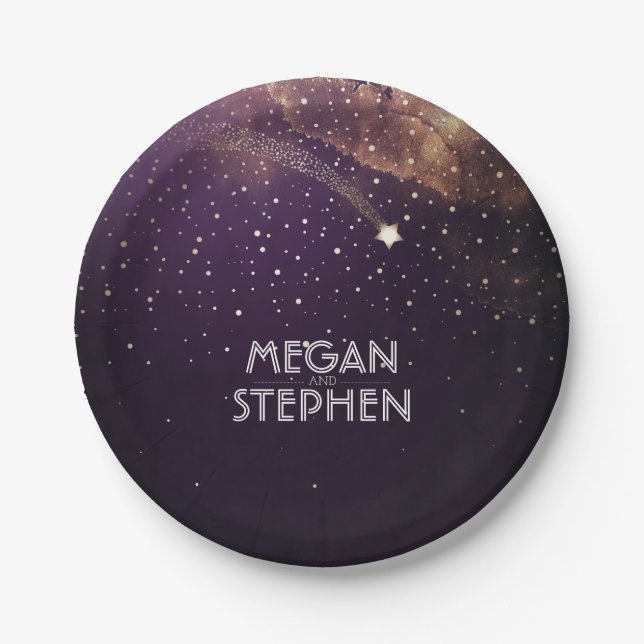 Gold and Plum Shooting Star Night Wedding Paper Plates (Front)