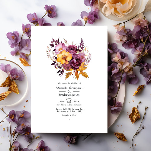Gold and Plum Wine Floral Fall Wedding Invitation